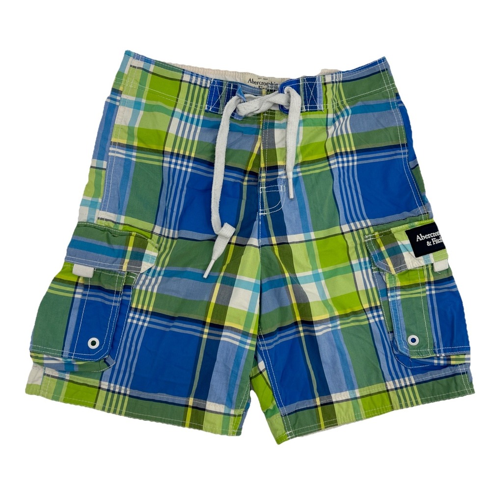 Abercrombie & Fitch Cargo Board Shorts Mens M Blue Green Madras Plaid Swim Lined